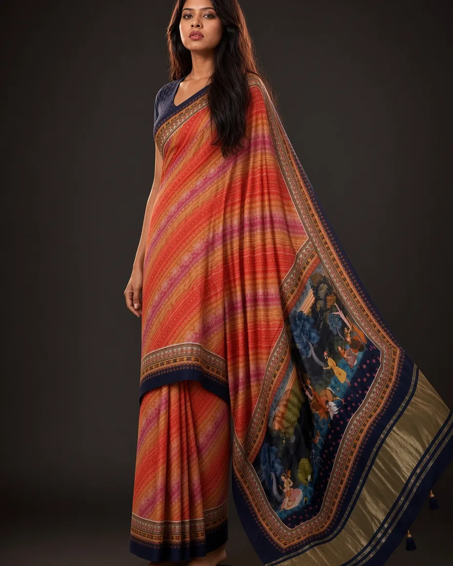 Coral Leheriya Saree — detail 1