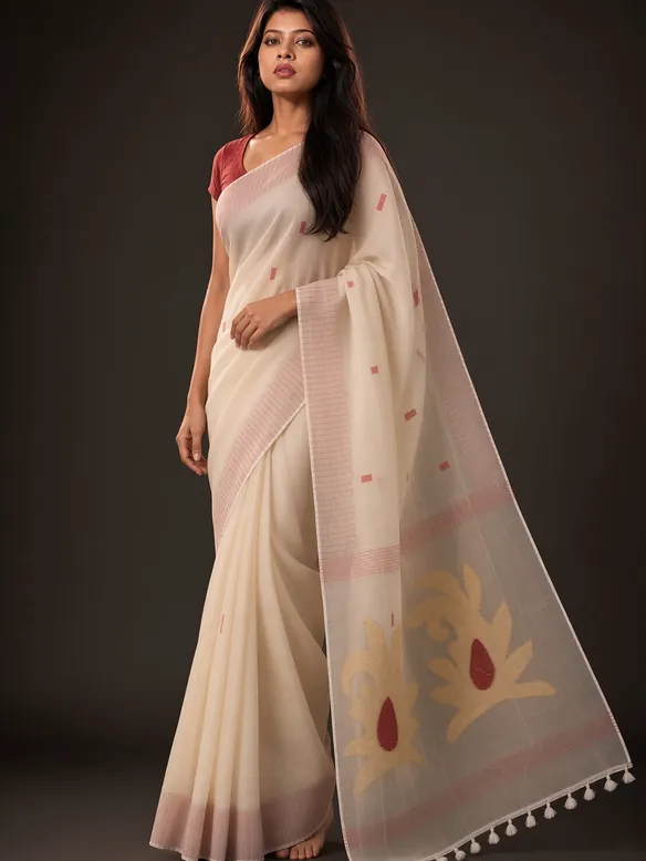 Ivory Cotton Buti Saree — worn