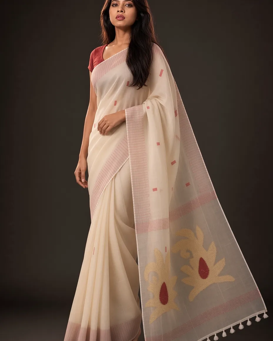 Ivory Cotton Buti Saree — worn