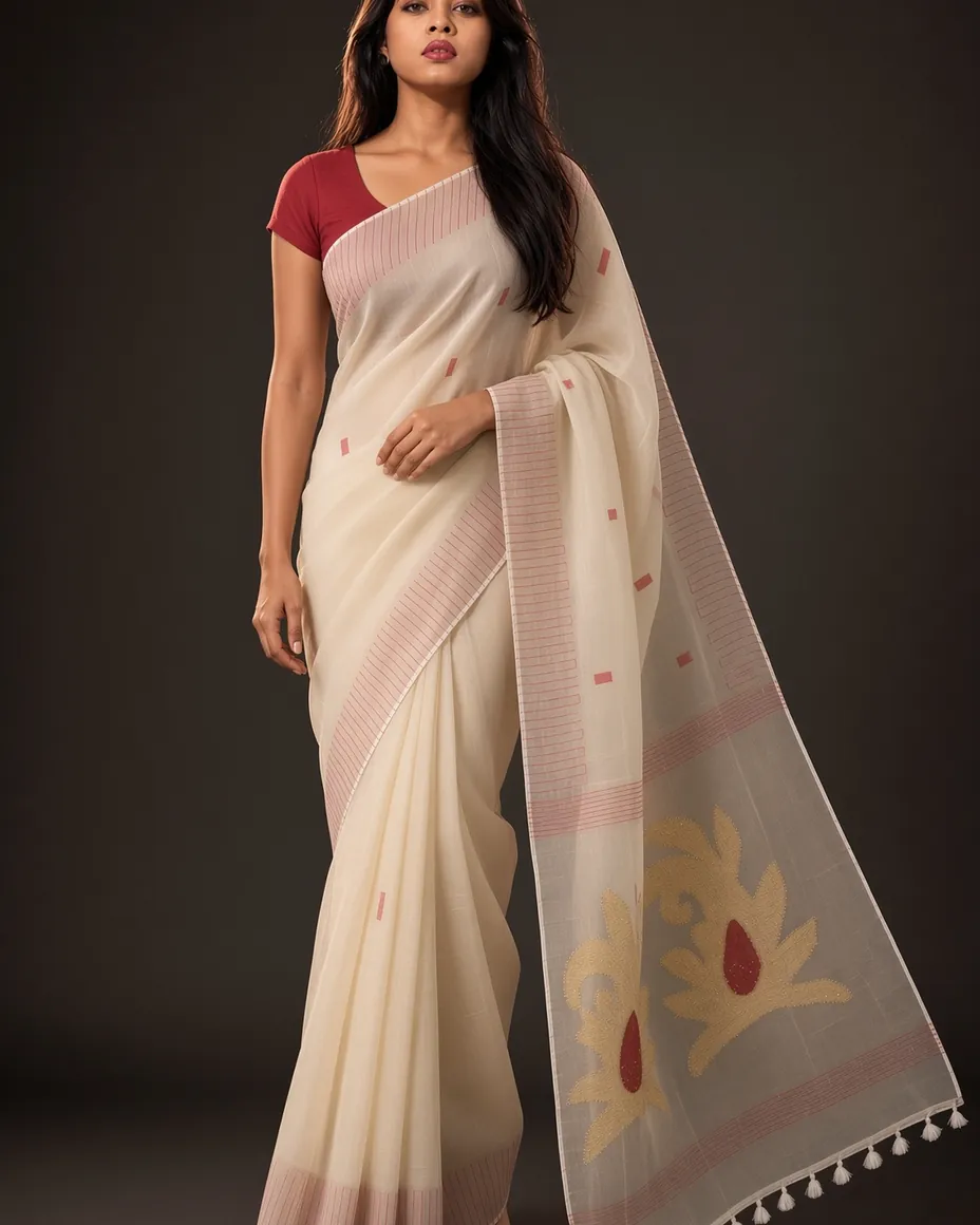 Ivory Cotton Buti Saree — detail 1