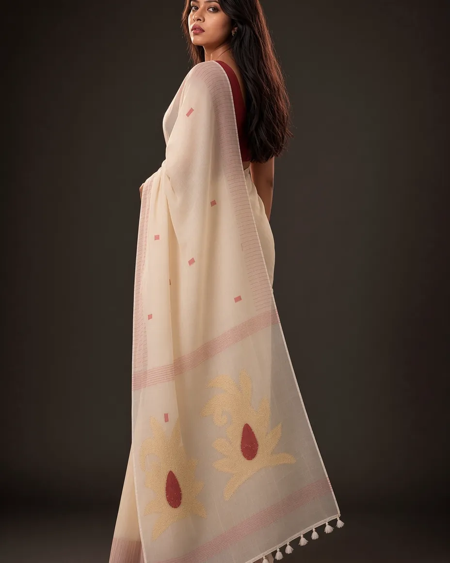 Ivory Cotton Buti Saree — detail 3