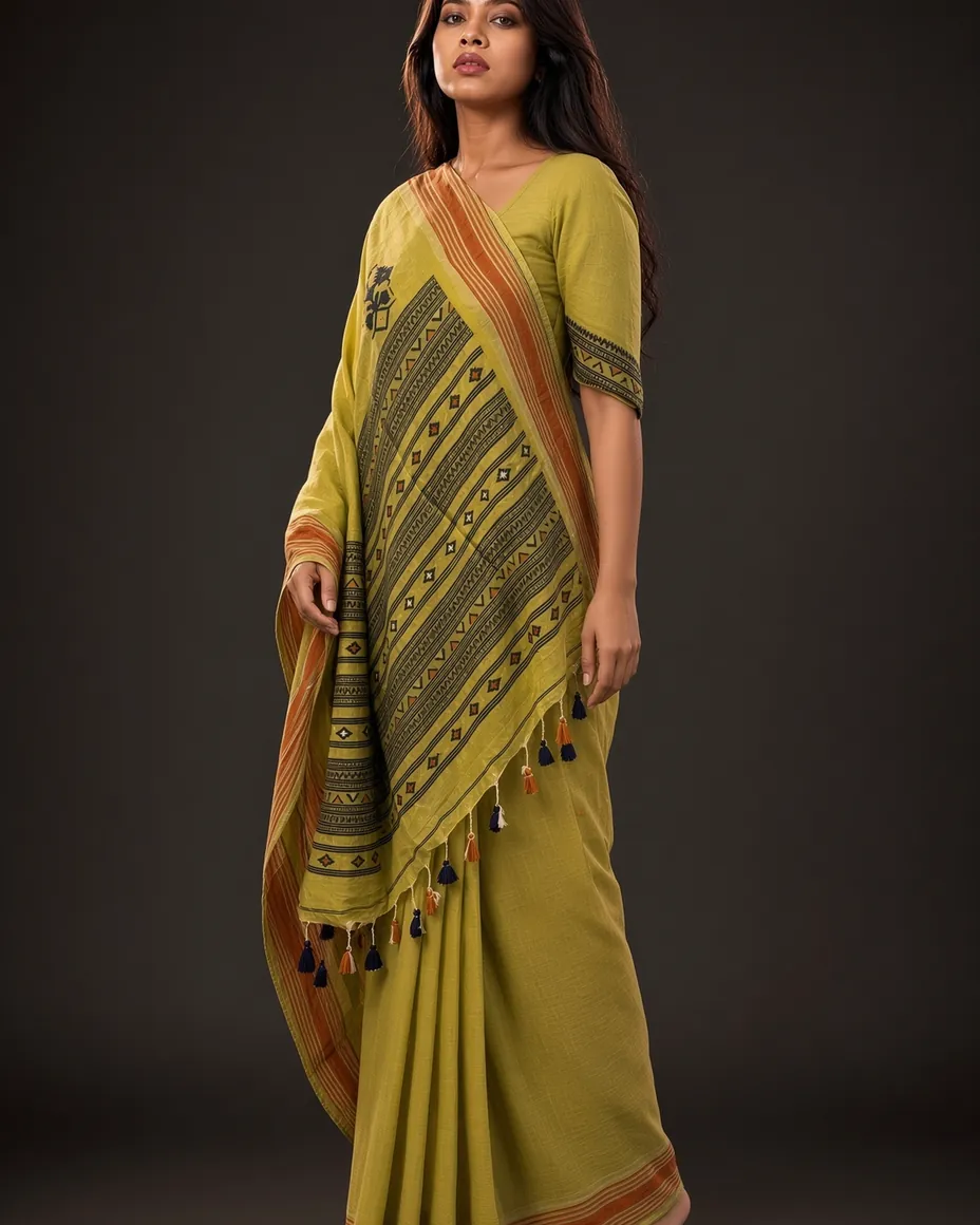 Olive Handloom Cotton Saree — detail 3