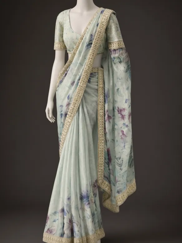 Sage Floral Organza Saree — the piece