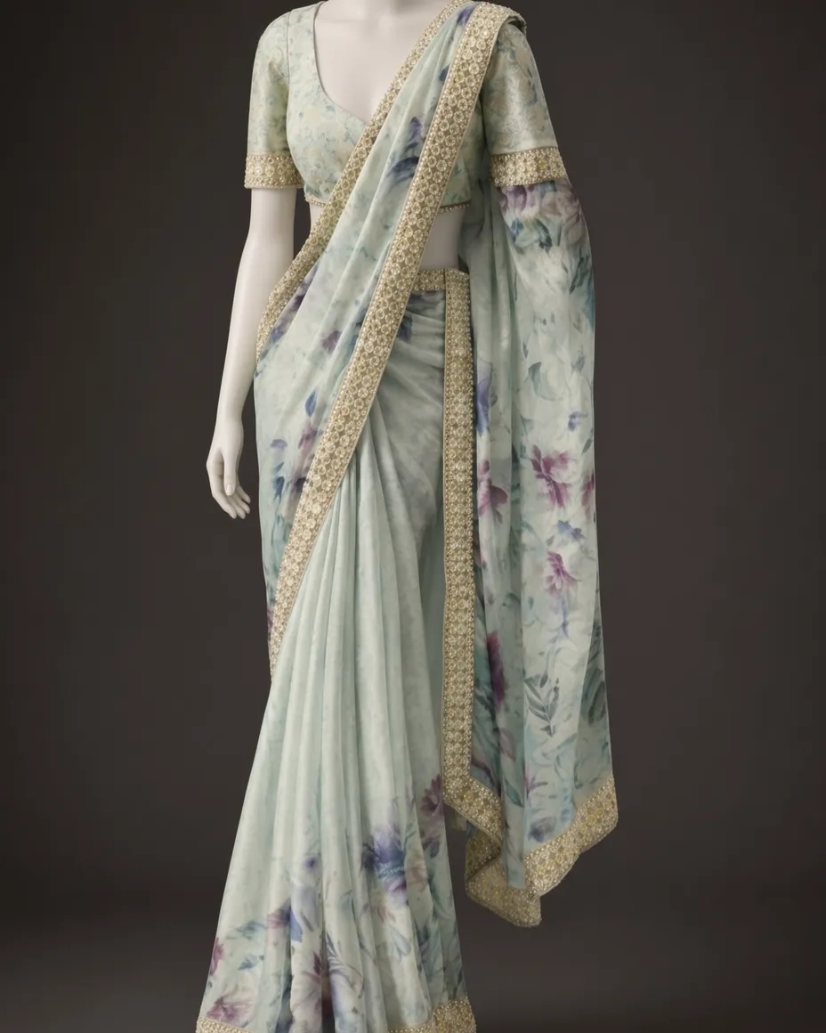 Sage Floral Organza Saree — the piece