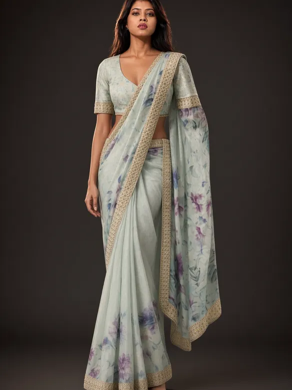 Sage Floral Organza Saree — worn