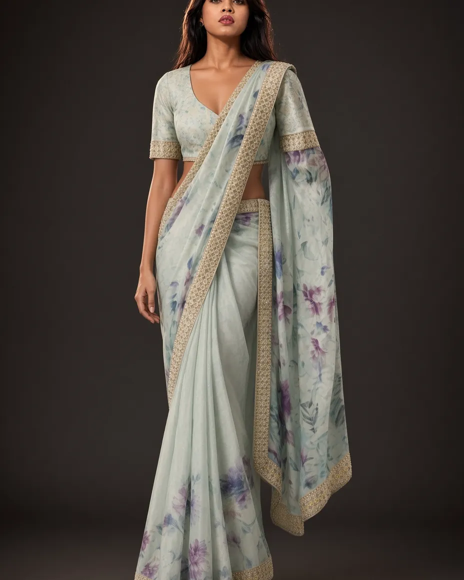 Sage Floral Organza Saree — worn
