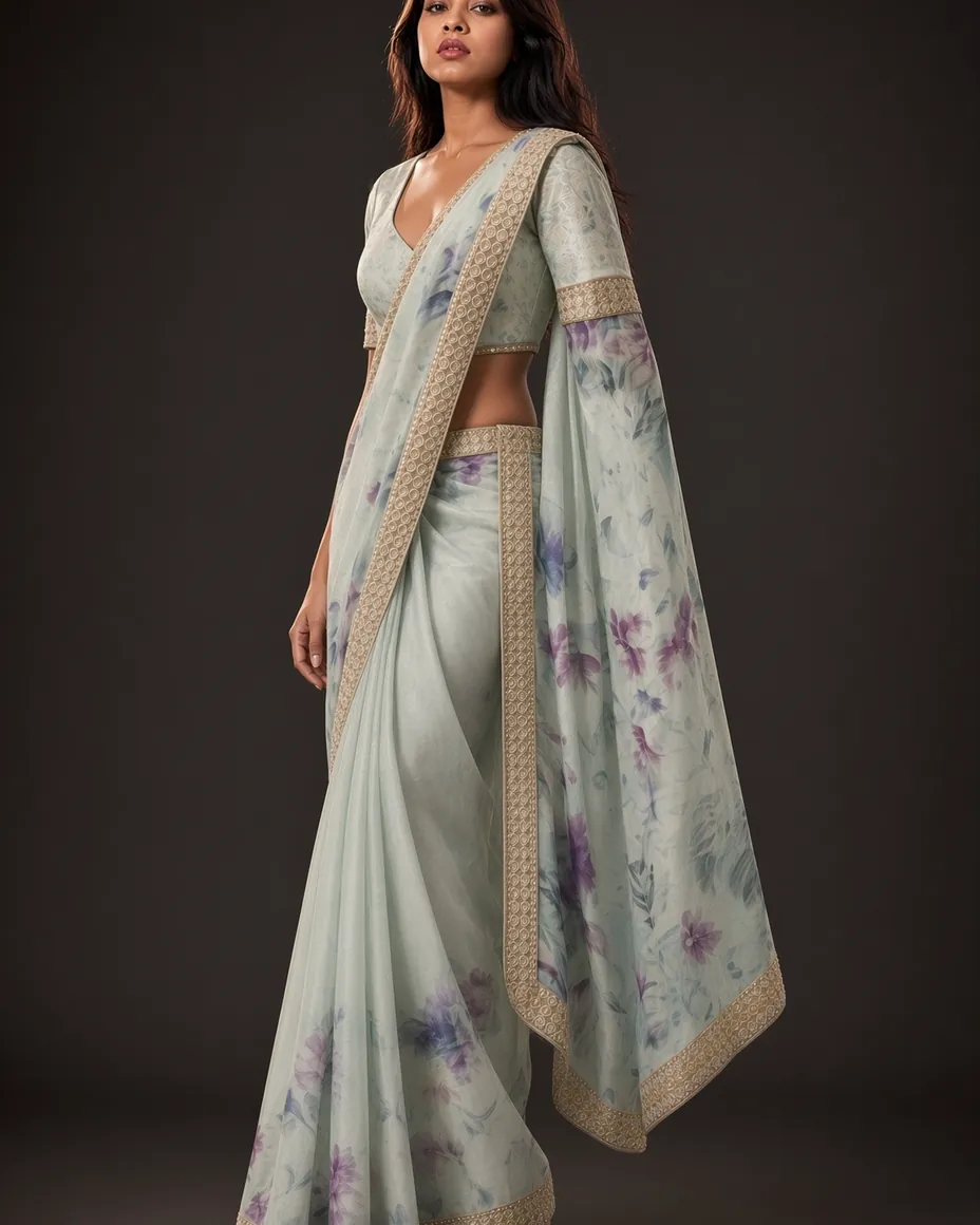 Sage Floral Organza Saree — detail 1