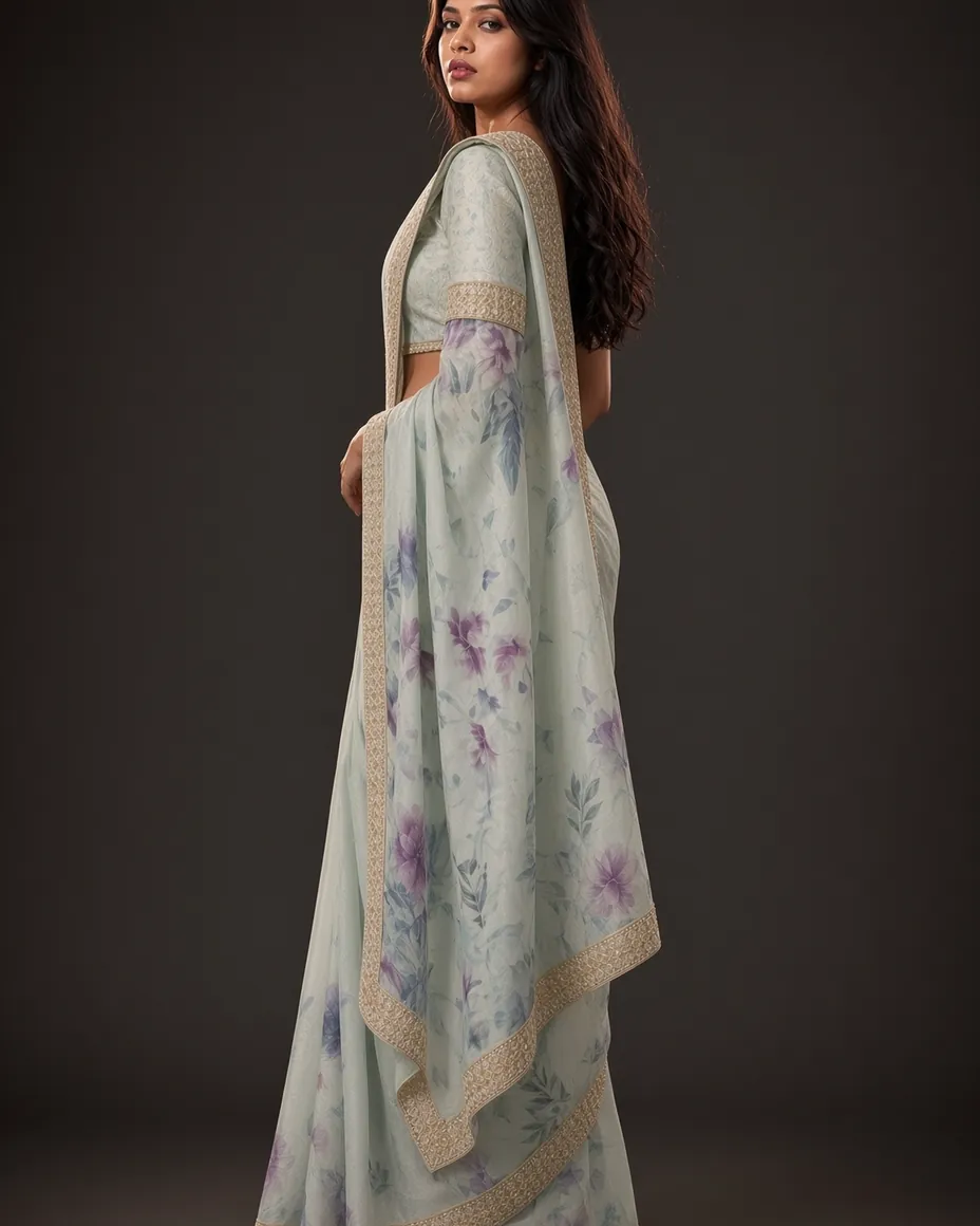 Sage Floral Organza Saree — detail 2