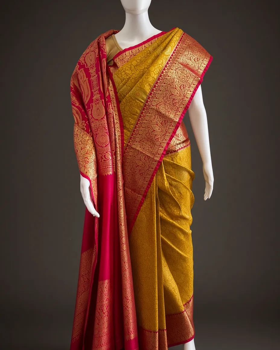 Turmeric & Crimson Zari Saree — the piece