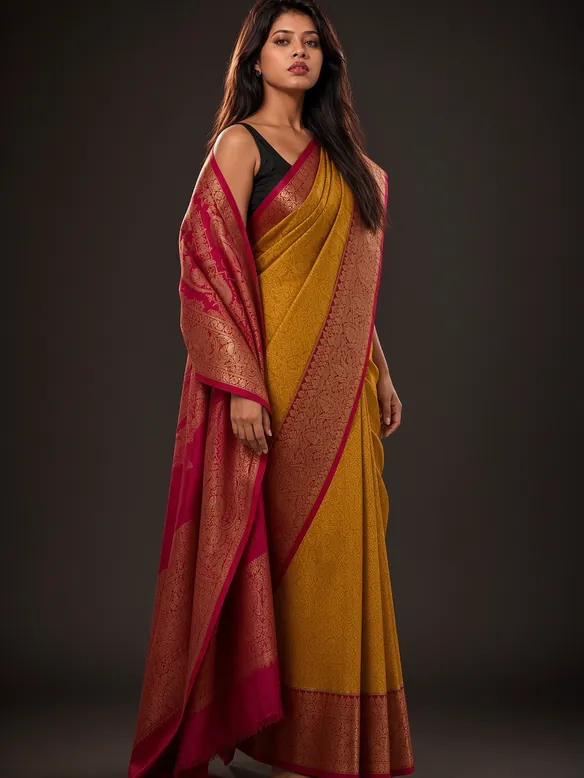 Turmeric & Crimson Zari Saree — worn